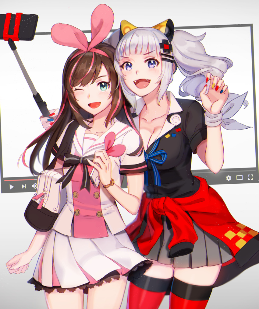 2girls, :d, ;d, a.i._channel, bag, bangs, blunt_bangs, blush