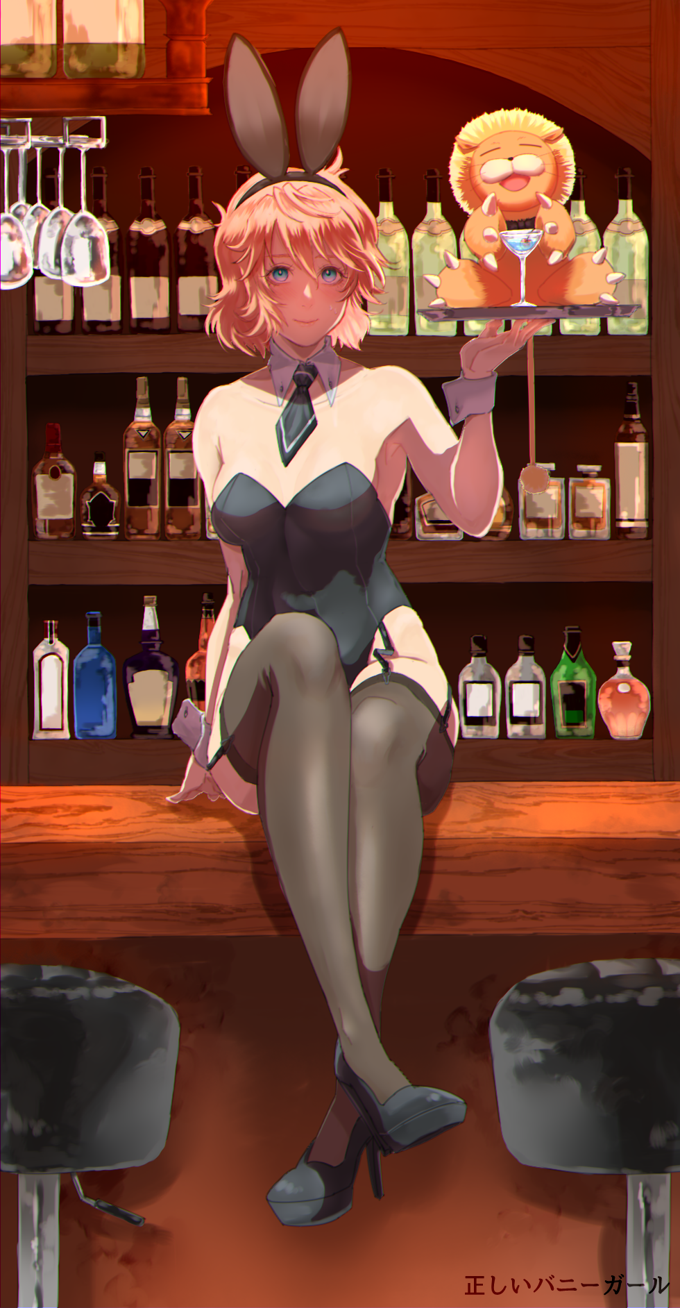 alcohol, bar, bar_stool, blue_eyes, bunny_girl, bunnysuit, detached_collar, garter_straps, glass, high_heels, highleg, highres, lefina_enfield, lion, orange_hair, sitting, sitting_on_counter, stool, stuffed_animal, stuffed_toy, super_robot_wars, super_robot_wars_original_generation, sweatdrop, tray, wrist_cuffs