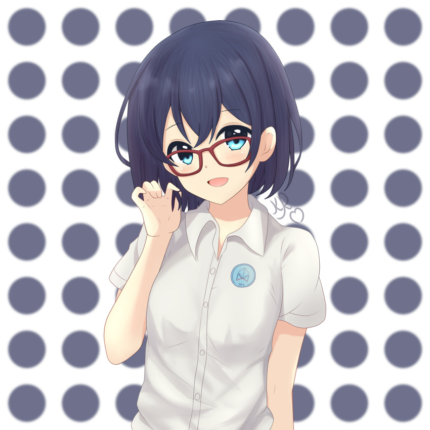 1girl, blue_hair, glasses, kerrr, open_mouth, original_character, shirt, solo