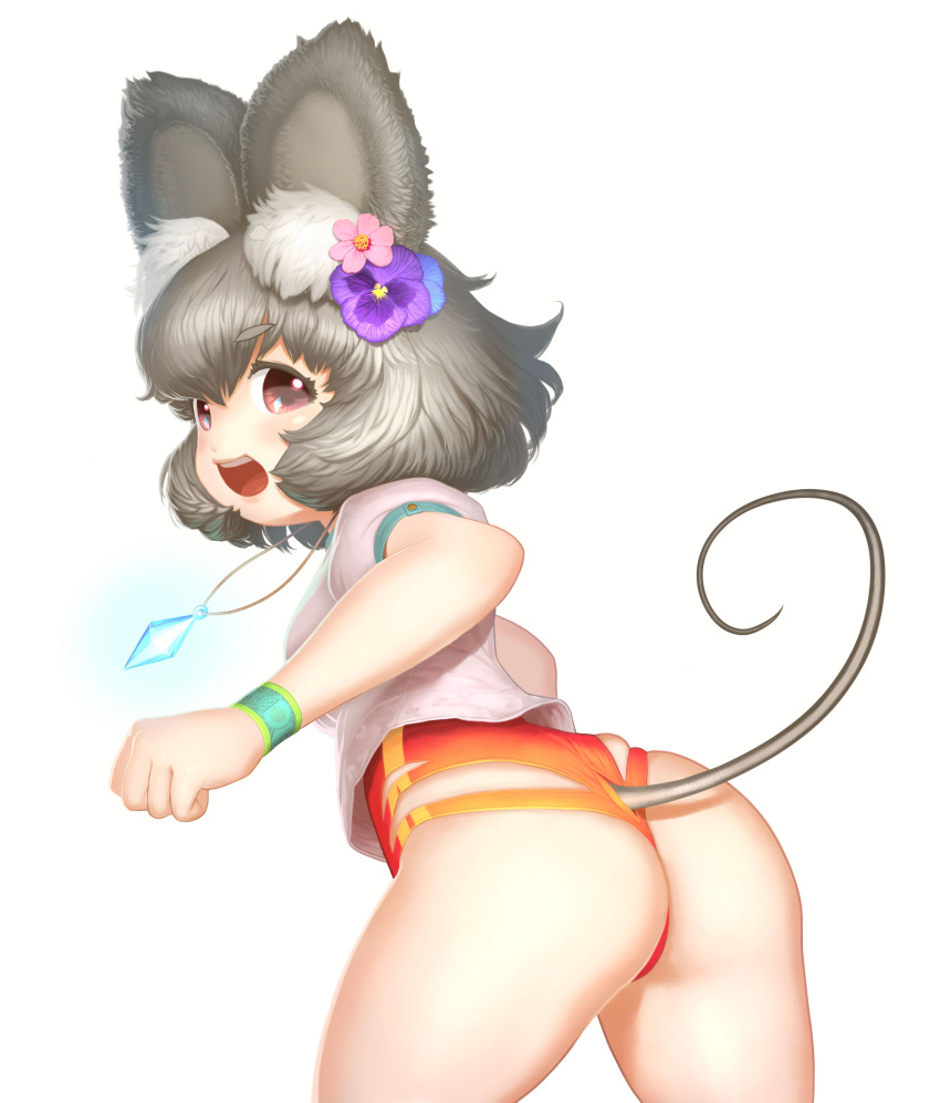1girl, absurdres, animal_ears, ass, blush, breasts, flower, grey_hair