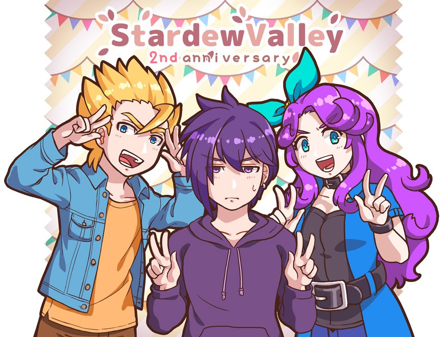 1girl, 2boys, :d, abigail_(stardew_valley), anniversary, aqua_ribbon, bangs, belt, belt_buckle, black_belt, black_choker, black_shirt, blonde_hair, blue_coat, blue_eyes, blue_jacket, breast_pocket, buckle, buttons, choker, coat, collarbone, copyright_name, double_v, earrings, eyebrows, eyebrows_visible_through_hair, frown, hair_between_eyes, hair_ribbon, hood, hood_down, hoodie, jacket, jewelry, long_sleeves, looking_at_viewer, multiple_boys, open_clothes, open_coat, open_jacket, open_mouth, orange_shirt, pocket, purple_hair, purple_hoodie, ribbon, sam_(stardew_valley), sebastian_(stardew_valley), shirt, short_sleeves, smile, stardew_valley, sweatdrop, tanagawa_makoto, teeth, text, tongue, v, v-shaped_eyebrows, violet_eyes, wavy_hair, wristband