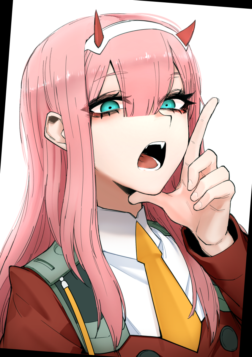 1girl, aqua_eyes, darling_in_the_franxx, fangs, hair_between_eyes, highres, horns, j.k.