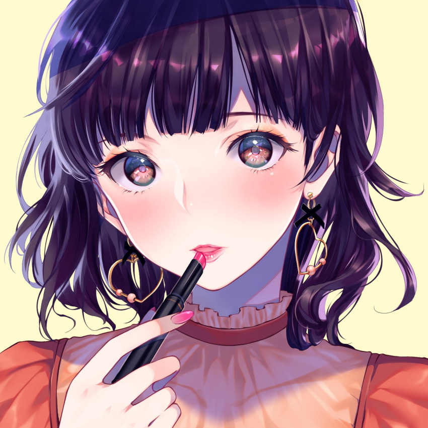 1girl, bangs, black_hair, blunt_bangs, brown_eyes, choker, commentary_request, covered_collarbone