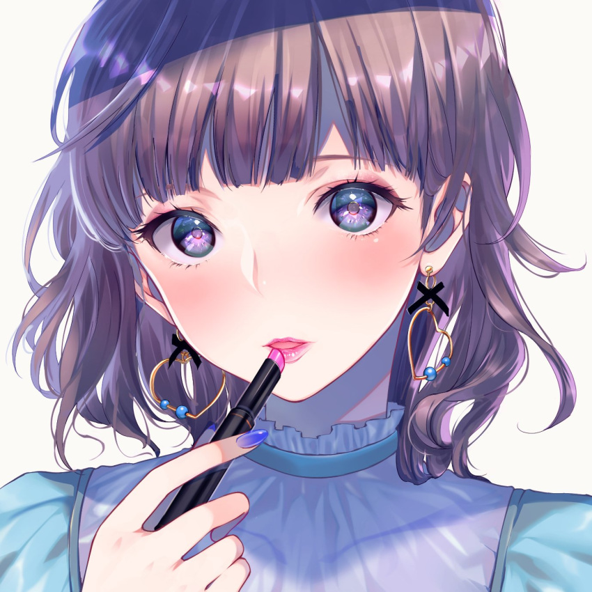 1girl, bangs, blunt_bangs, brown_hair, choker, commentary_request, covered_collarbone, dress
