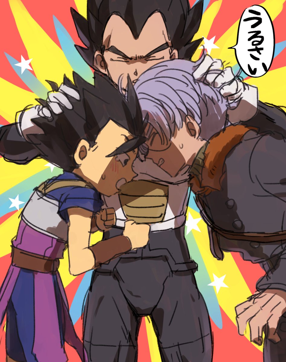 3boys, armor, belt, black_eyes, black_hair, blue_background, clenched_hands, coat