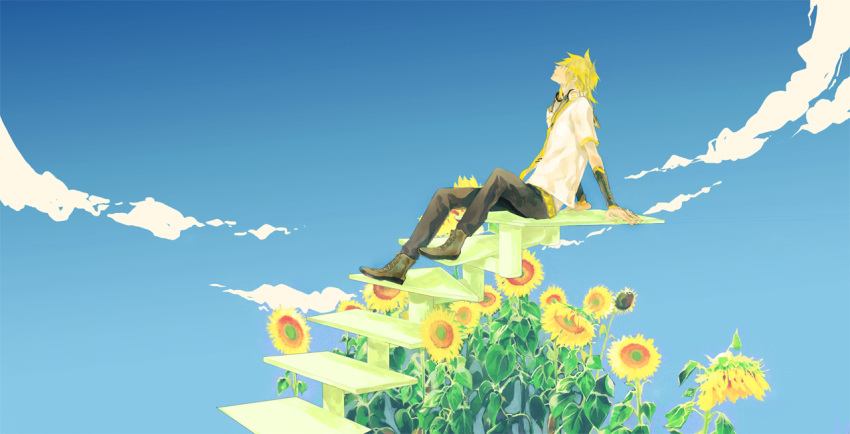 blond_hair, blonde_hair, boots, cloud, clouds, cry, crying, earphones