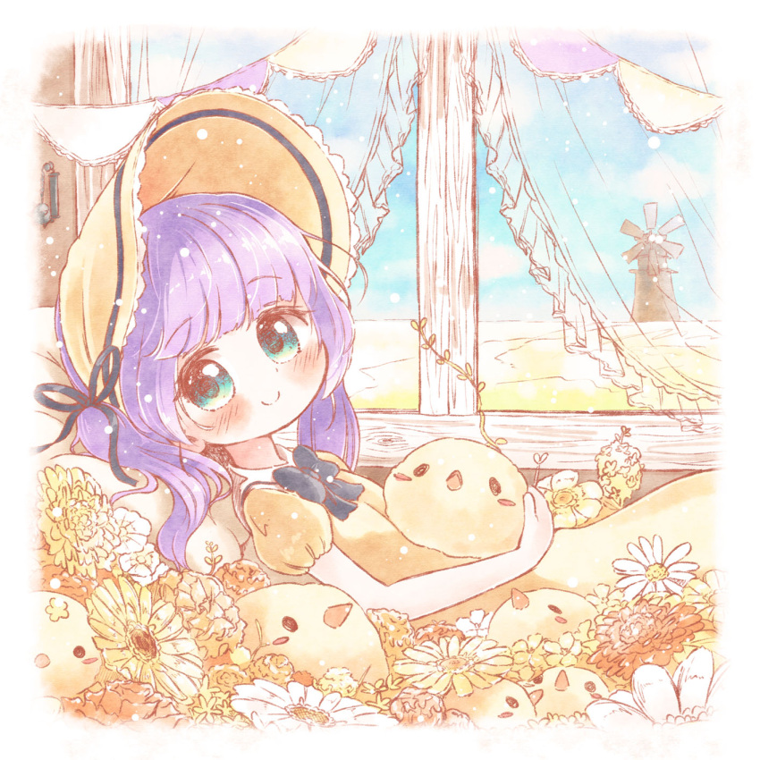 1girl, aqua_eyes, bangs, bird, black_neckwear, blush, bonnet, bow
