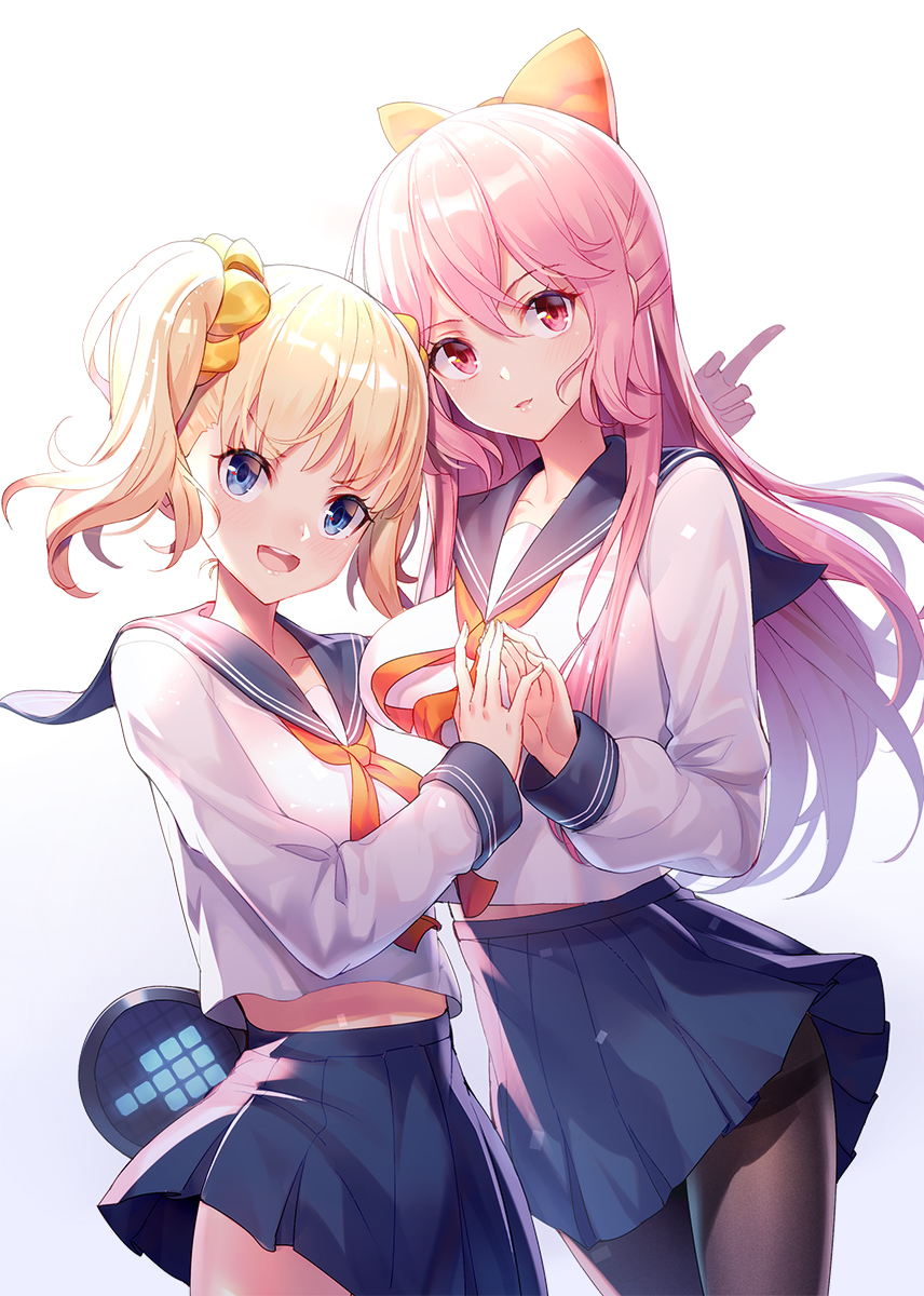 2girls, :d, bangs, black_legwear, black_skirt, blonde_hair, blue_eyes, blush, bow, breasts, collarbone, commentary_request, cosplay, cowboy_shot, emily_stock, eyebrows_visible_through_hair, hair_between_eyes, hair_bow, hair_ornament, hair_scrunchie, head_tilt, highres, index_finger_raised, large_breasts, long_sleeves, multiple_girls, neckerchief, open_mouth, orange_bow, orange_neckwear, orange_scrunchie, original, pantyhose, parted_lips, pink_hair, pipimi, pipimi_(cosplay), pleated_skirt, poptepipic, popuko, popuko_(cosplay), red_eyes, ririko_(zhuoyandesailaer), school_uniform, scrunchie, serafuku, shirt, simple_background, skirt, smile, thighband_pantyhose, twintails, upper_teeth, v-shaped_eyebrows, white_background, white_shirt