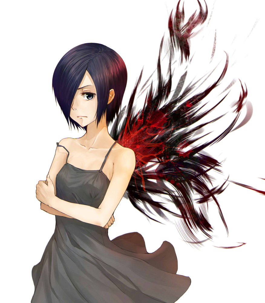 1girl, black_dress, black_hair, brown_eyes, dress, hair_over_one_eye, kirishima_touka, light_frown