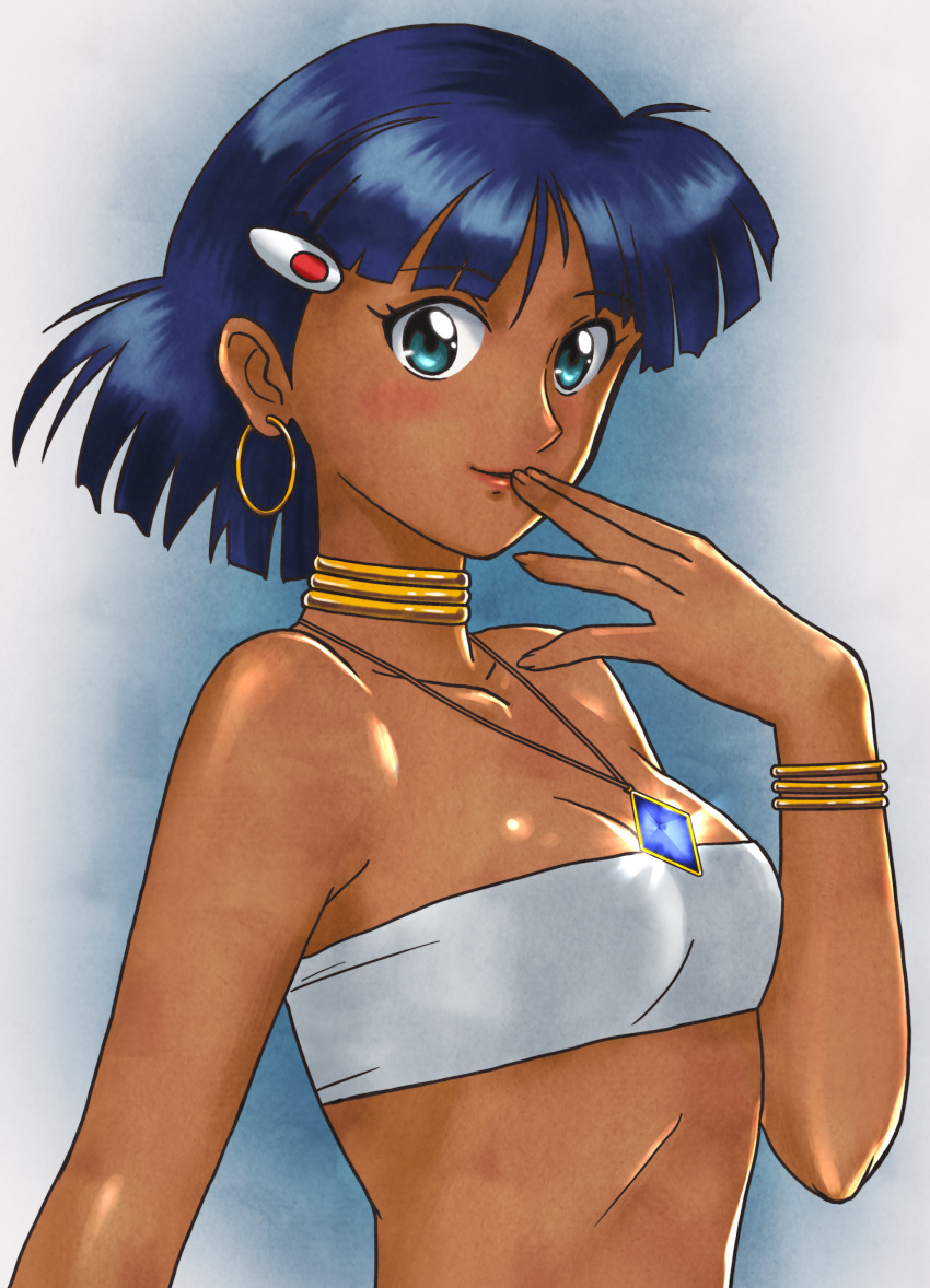 1girl, absurdres, bandeau, black_hair, bob_cut, bracelet, dark_skin, earrings