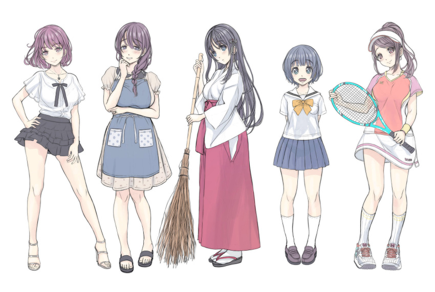 5girls, :|, apron, arm_grab, arms_behind_back, bangs, black_eyes, black_hair