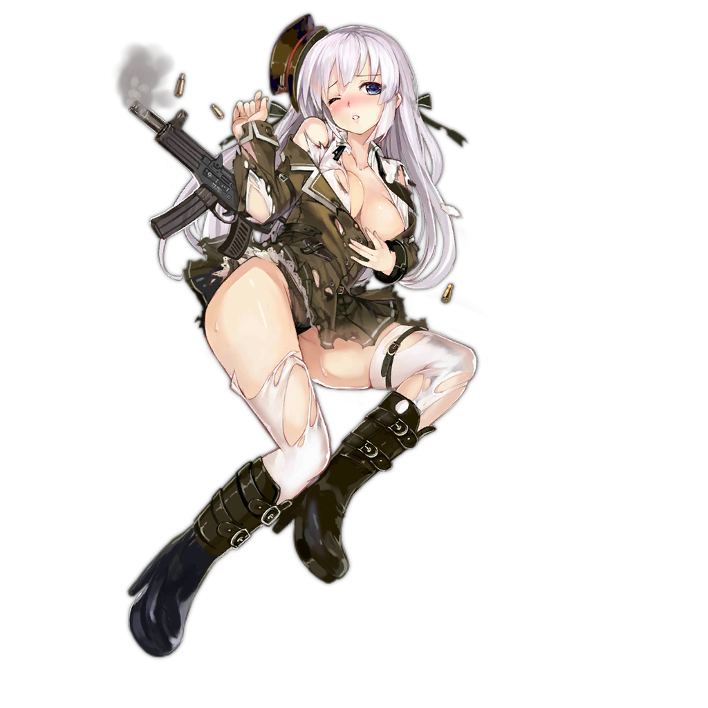 1girl, artist_request, blue_eyes, blush, boots, breasts, cleavage, full_body, girls_frontline, gun, hair_ribbon, hat, high_heel_boots, high_heels, long_hair, looking_at_viewer, looking_away, military, military_uniform, official_art, ots-39, ots-39_(girls_frontline), panties, ribbon, shirt, silver_hair, skirt, submachine_gun, thigh-highs, thigh_strap, torn_clothes, torn_shirt, torn_skirt, torn_thighhighs, transparent_background, underwear, uniform, weapon