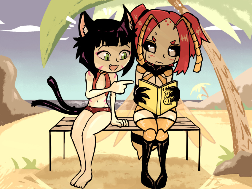 2girls, animal_ears, antennae, ara_(monster_girl_island), barefoot, beach, bench, black_hair, black_sclera, blush, body_markings, book, carapace, cat_ears, cat_tail, clouds, day, embarrassed, facial_mark, fang, focused, green_eyes, highres, holding, holding_book, hornet_girl, insect_girl, knees_touching, landscape, looking_down, monster_girl, monster_girl_island, multiple_girls, multiple_tails, navel, nekomata, ocean, palm_tree, pointing, reading, redhead, sand, setz, short_hair, sitting, sitting_on_bench, sky, smile, stinger, suzu_(monster_girl_island), sweat, swimsuit, tail, tree, twintails, two_tails, wavy_mouth, wings