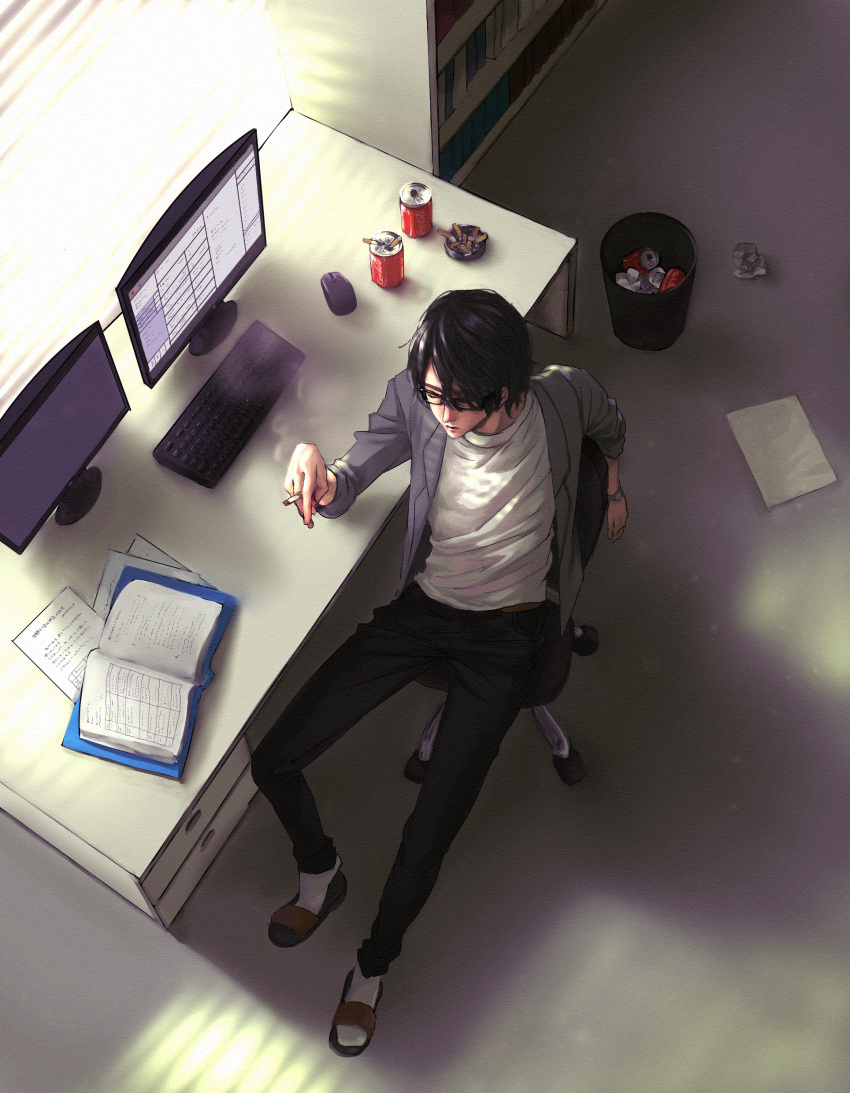 1boy, absurdres, ashtray, black-framed_eyewear, black_hair, black_pants, book, bookshelf
