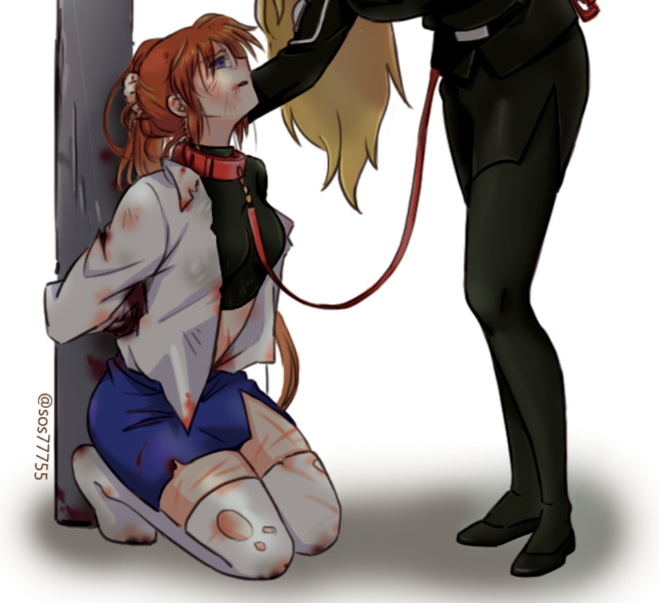 2girls, bdsm, black_tank_top, blonde_hair, blood, bloody_clothes, breasts, brown_hair, collar, fate_testarossa, kneeling, leaning_forward, leash, lyrical_nanoha, mahou_shoujo_lyrical_nanoha, medium_breasts, midriff, multiple_girls, pantyhose, ponytail, restrained, skirt, sos77755, takamachi_nanoha, tank_top, thigh-highs, torn_clothes, torn_legwear, twitter_username, white_background, white_legwear, yuri