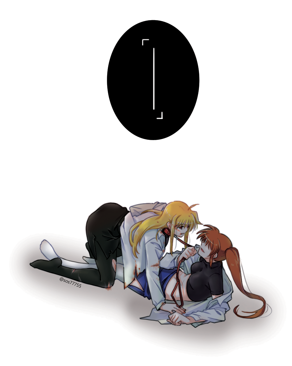 2girls, arm_support, bdsm, black_legwear, blonde_hair, blood, bloody_clothes, blush