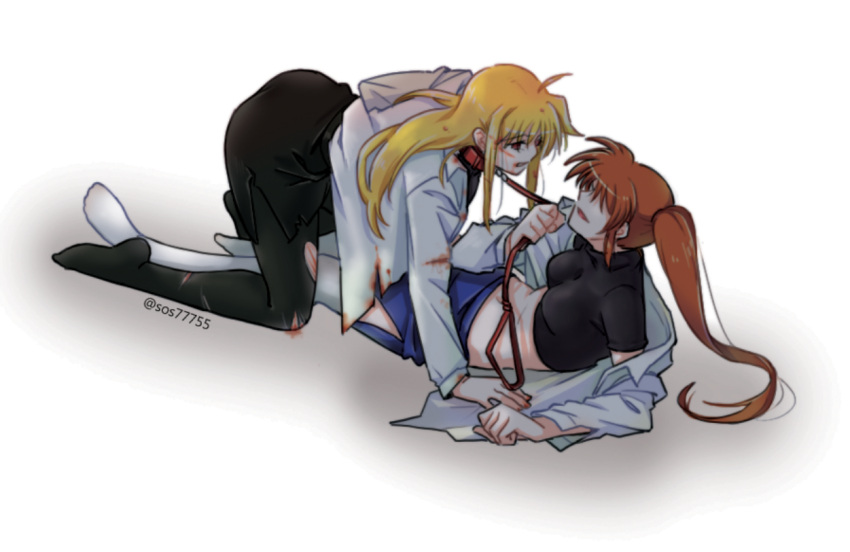 2girls, arm_support, bdsm, black_legwear, blonde_hair, blood, bloody_clothes, blush, breasts, brown_hair, collar, faceless, faceless_female, fate_testarossa, leash, leash_pull, long_hair, lyrical_nanoha, mahou_shoujo_lyrical_nanoha, mahou_shoujo_lyrical_nanoha_strikers, medium_breasts, midriff, multiple_girls, off_shoulder, pantyhose, side_ponytail, sos77755, speech_bubble, straddling, takamachi_nanoha, tank_top, thigh-highs, torn_clothes, torn_pantyhose, white_background, white_legwear, yuri