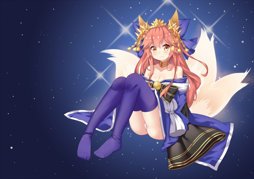 1girl, animal_ears, bangs, bare_shoulders, blue_bow, blue_kimono, blush, bow