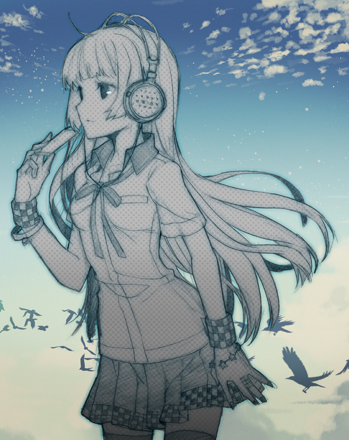 bird, birds, blunt_bangs, bracelet, cable, checkered, cloud, clouds