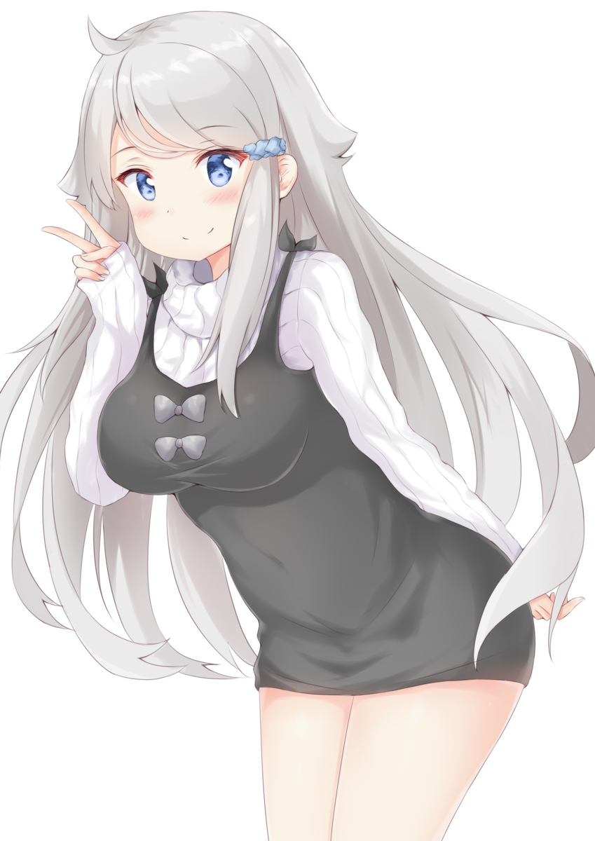 1girl, blue_eyes, blush, breasts, hair_ornament, hair_scrunchie, highres, ikarosu