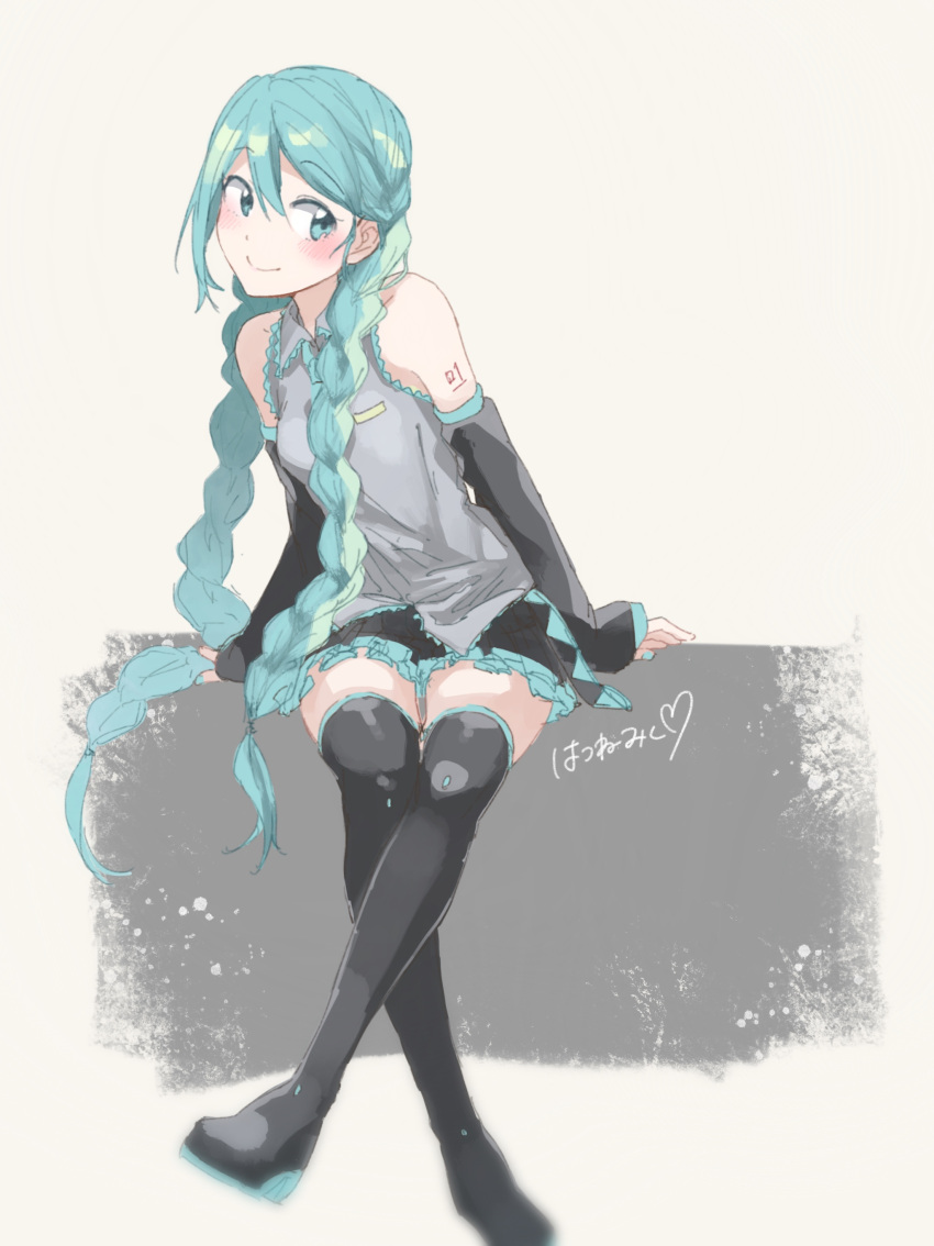 absurdres, agonasubi, alternate_hairstyle, aqua_eyes, aqua_hair, aqua_nails, bare_shoulders, blush, boots, braid, detached_sleeves, hair_between_eyes, hatsune_miku, highres, legs_crossed, long_braids, long_hair, nail_polish, sketch, smile, tattoo, thigh-highs, thigh_boots, thighs, translation_request, twin_braids, very_long_hair, vocaloid, white_background