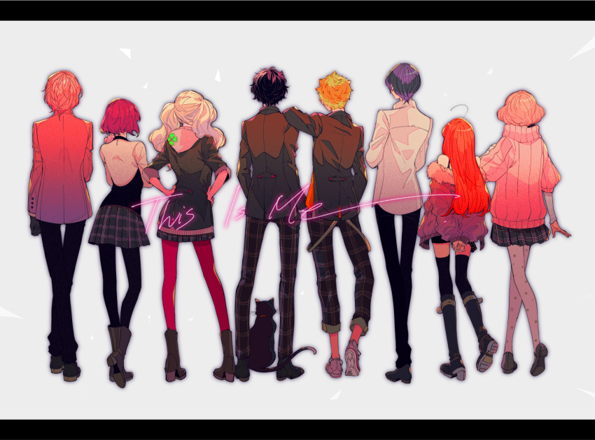 4boys, 4girls, akechi_gorou, amamiya_ren, back_turned, black_legwear, blazer, cat