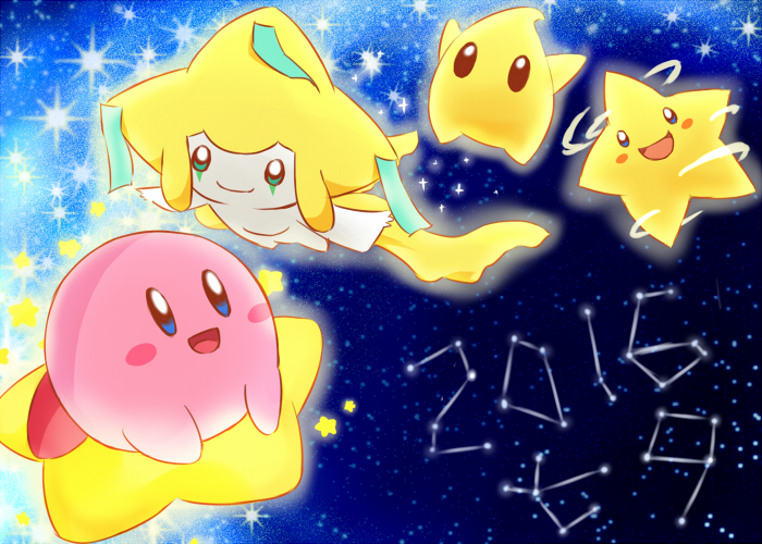 2016, :d, black_eyes, blue_eyes, blush_stickers, chiko_(mario), closed_mouth, commentary, commentary_request, creature, densetsu_no_stafy, facial_mark, gen_3_pokemon, green_eyes, happy, hoshi_no_kirby, jirachi, kirby, kirby_(series), looking_at_viewer, looking_away, night, night_sky, nintendo, no_humans, open_mouth, pink_skin, pokemon, pokemon_(creature), rophy, sky, smile, star, star_(sky), starfy, starry_sky, tanabata, warp_star, white_skin, yellow_skin