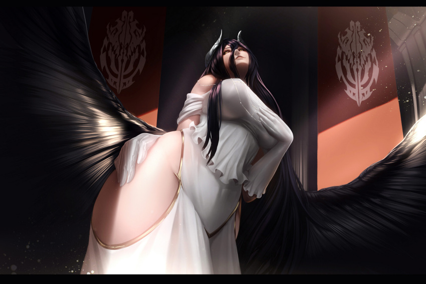 1girl, albedo, black_hair, black_wings, blonde_hair, breasts, demon_girl, demon_horns