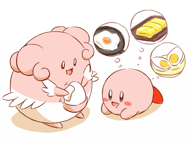:d, blissey, blue_eyes, brown_eyes, commentary, commentary_request, creature, creatures_(company), drooling, egg, fried_egg, frying_pan, game_freak, gen_2_pokemon, hal_laboratory_inc., happiny, happy, hardboiled_egg, hoshi_no_kirby, hungry, kirby, kirby_(series), lying, nintendo, no_humans, on_stomach, open_mouth, pink, pink_skin, pokemon, pokemon_(creature), pokemon_gsc, rophy, simple_background, smile, sunny_side_up_egg, super_smash_bros., thought_bubble, tray, white_background