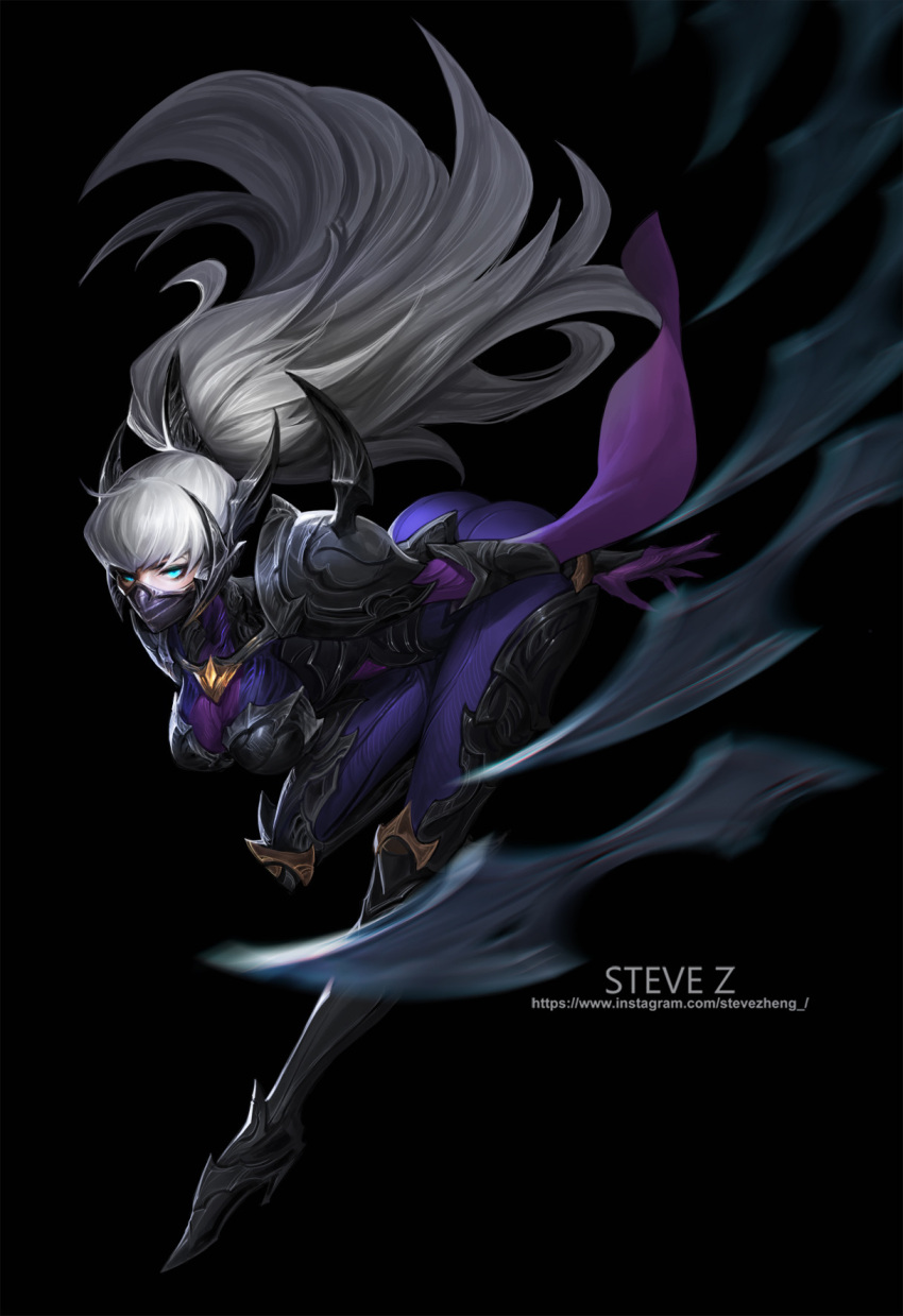 1girl, alternate_costume, armor, artist_name, bent_over, blade, blue_eyes, bodysuit, boots, breastplate, breasts, full_body, half-closed_eyes, high_heel_boots, high_heels, highres, irelia, league_of_legends, looking_at_viewer, mask, nightblade_irelia, one_leg_raised, ponytail, shoulder_armor, silver_hair, solo, spikes, steve_zheng, vambraces, watermark, weapon, web_address