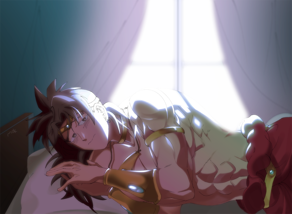 1boy, abs, bare_chest, bed, black_hair, blush, bracer, broly, curtains, dragon_ball, dragonball_z, earrings, jewelry, looking_at_viewer, lying, male_focus, mok921, muscle, on_side, pillow, shade, tareme, wavy_mouth