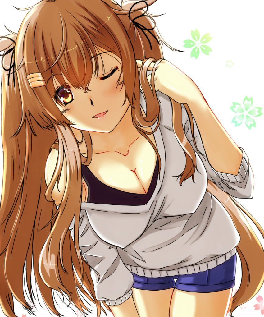 1girl, ahoge, alternate_costume, bangs, bare_shoulders, black_bra, blue_shorts, blush, bra, breasts, brown_eyes, cleavage, cleavage_cutout, collarbone, erect_nipples, eyebrows_visible_through_hair, hair_between_eyes, hair_flaps, hair_ornament, hair_ribbon, hairclip, hand_in_hair, highres, kantai_collection, large_breasts, leaning_forward, light_brown_hair, long_hair, looking_at_viewer, murasame_(kantai_collection), off_shoulder, one_eye_closed, open_mouth, remodel_(kantai_collection), ribbon, shigatsu_(soratobuusagi), shorts, sidelocks, smile, solo, sweater, thighs, twintails, underwear