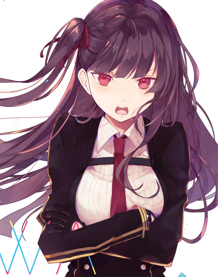 1girl, bangs, black_gloves, blunt_bangs, blush, breasts, buttons, character_name, collared_shirt, crossed_arms, eyebrows_visible_through_hair, floating_hair, girls_frontline, gloves, hair_ribbon, half_updo, large_breasts, light_particles, long_hair, looking_at_viewer, necktie, one_side_up, open_mouth, purple_hair, red_eyes, red_neckwear, ribbon, shirt, sidelocks, simple_background, solo, striped, striped_shirt, tsundere, tsurime, very_long_hair, wa2000_(girls_frontline), white_background, yuizayomiya
