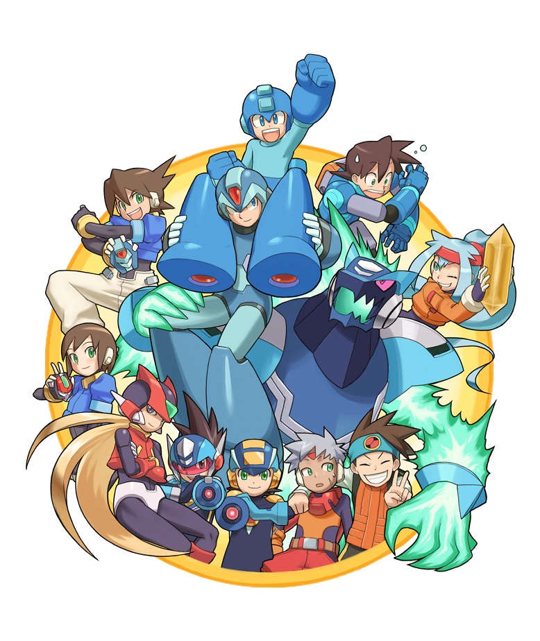 2girls, 6+boys, aile, android, arm_cannon, arm_up, ashe_(rockman), blonde_hair