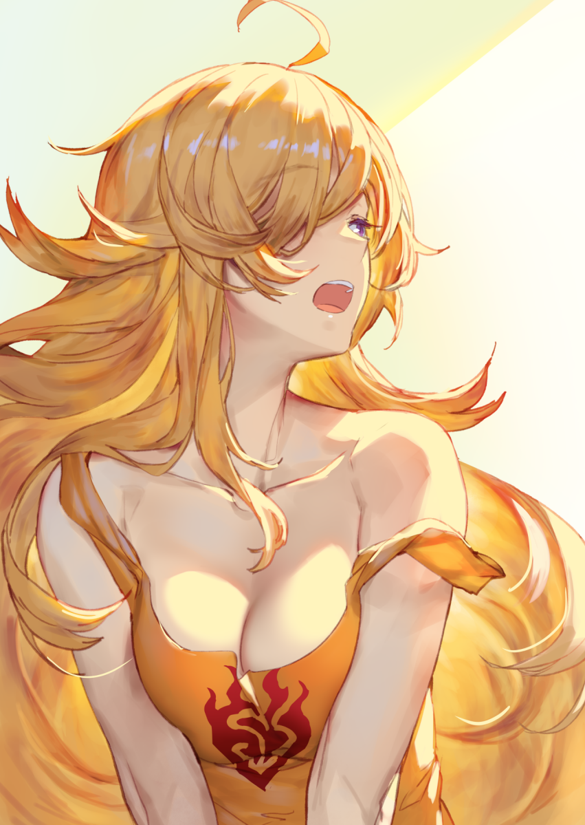 1girl, ahoge, bare_shoulders, blonde_hair, blush, breast_squeeze, breasts, cleavage