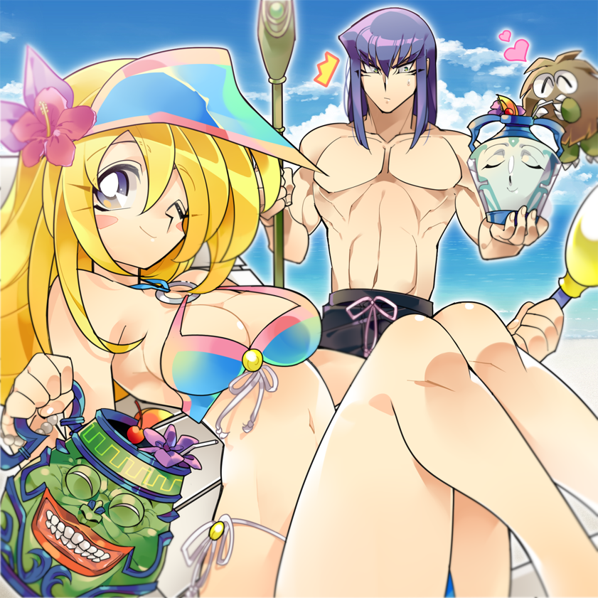 /\/\/\, 1boy, 1girl, blonde_hair, breasts, cleavage, closed_mouth, commentary_request