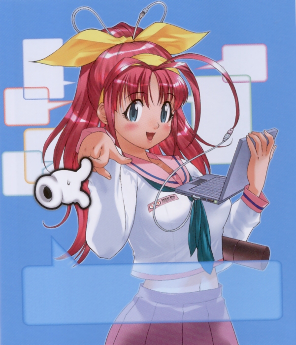 cyborg, disembodied_limb, laptop, magic_hands, pointing, poke, poking, red_hair, redhead, school_uniform, schoolgirl, serafuku, uniform, yoshizaki_mine