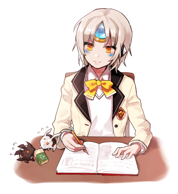 1girl, alternate_costume, another_code_(elsword), blazer, blush_stickers, book, collared_shirt, desk