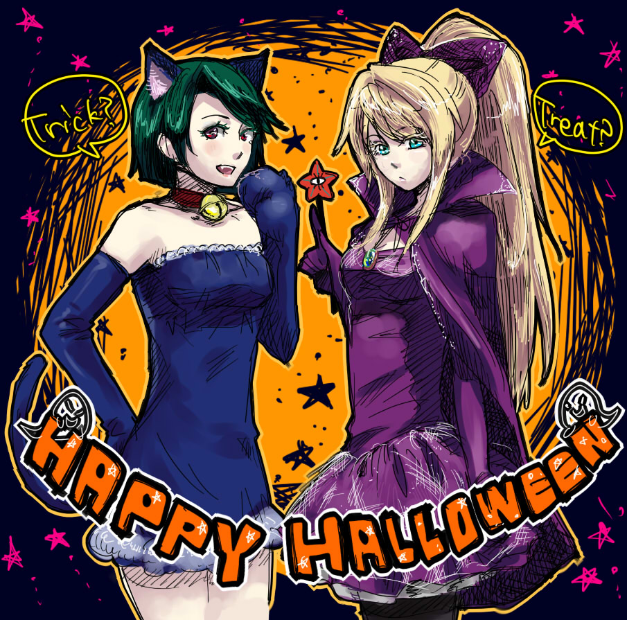 2girls, angie_thompson, animal_ears, bad_id, bell, bell_collar, blonde_hair, blue_eyes