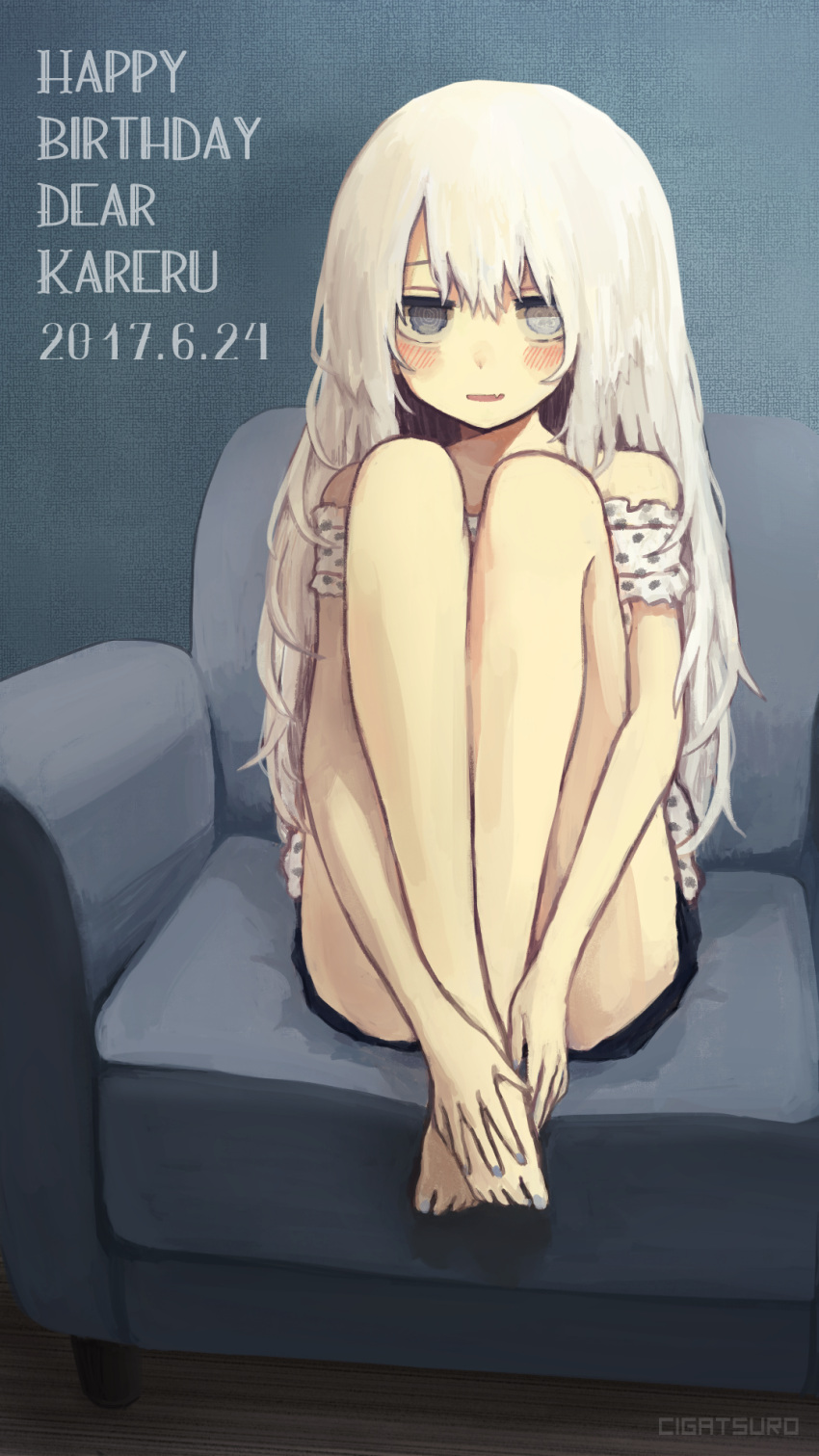 1girl, al_bhed_eyes, artist_name, bangs, bare_legs, bare_shoulders, barefoot, blue_eyes