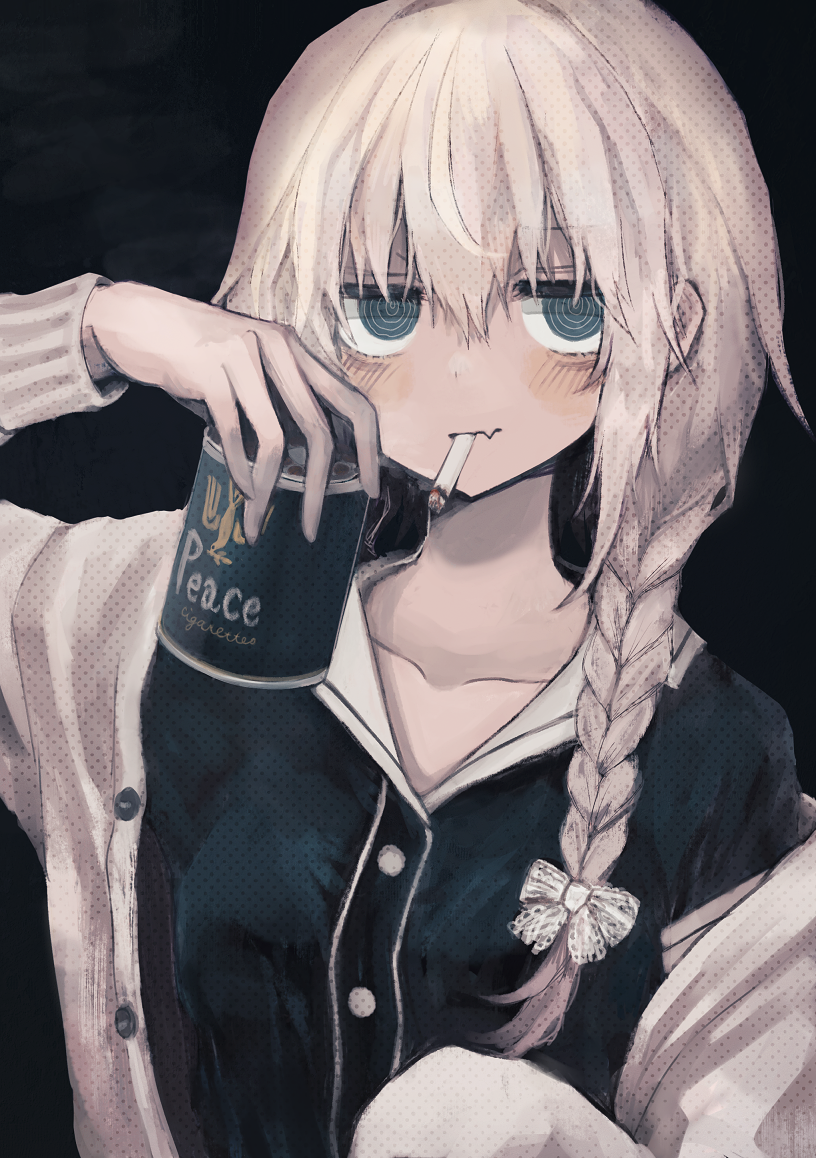 1girl, al_bhed_eyes, bangs, black_background, blonde_hair, blue_eyes, blush, bow, braid, buttons, cardigan, cigarette, cigarette_box, cigatsuro, collarbone, commentary, fang, hair_between_eyes, hair_bow, hair_over_shoulder, holding, jitome, long_hair, long_sleeves, looking_at_viewer, mouth_hold, original, peace_(cigarette), product_placement, shirt, single_braid, smoking, solo, upper_body