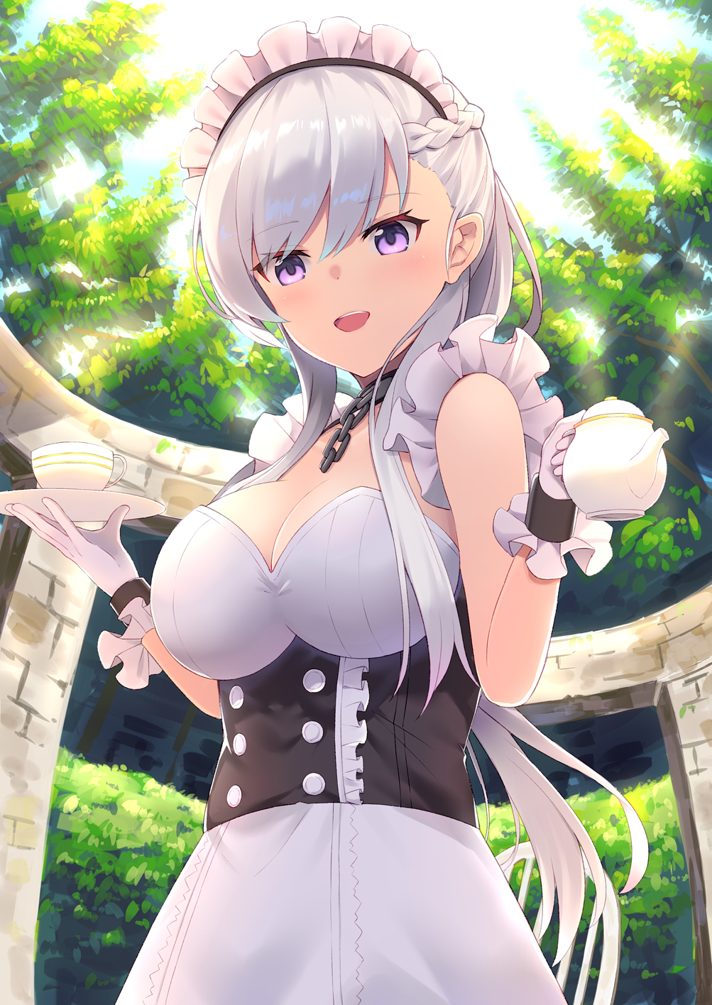 apron, azur_lane, bangs, belfast_(azur_lane), braid, breasts, chains, cleavage