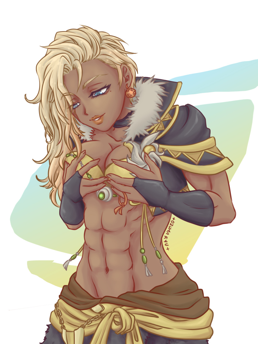 1girl, abs, avlia_swift, blonde, blue_eyes, breasts, cleavage, dark_skin