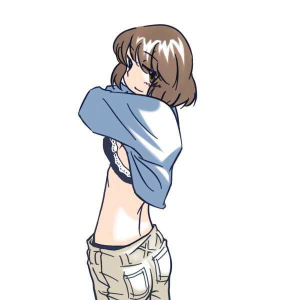 bra, brown_eyes, brown_hair, himuro_fuu, kasugano_hiyori, lingerie, looking_back, midriff