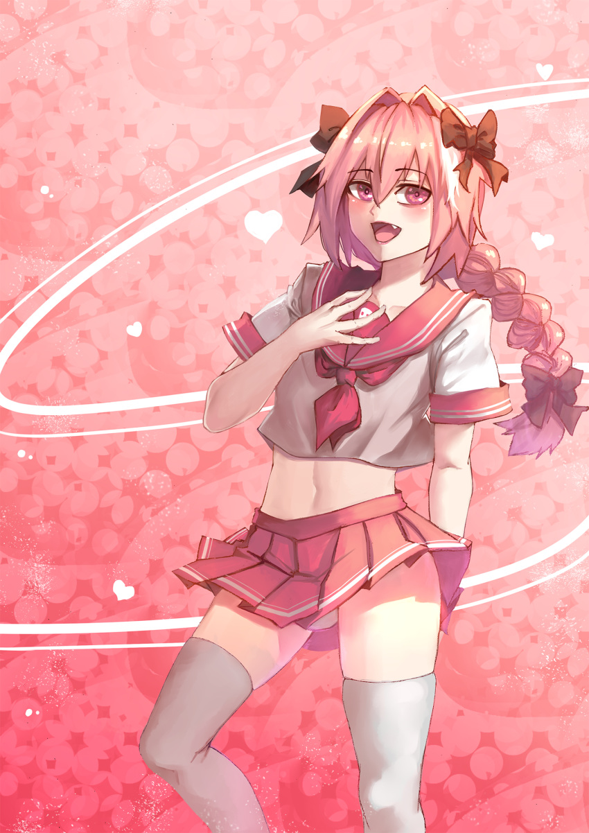 1boy, :d, arm_behind_back, astolfo_(fate), bangs, black_bow, blush, bow