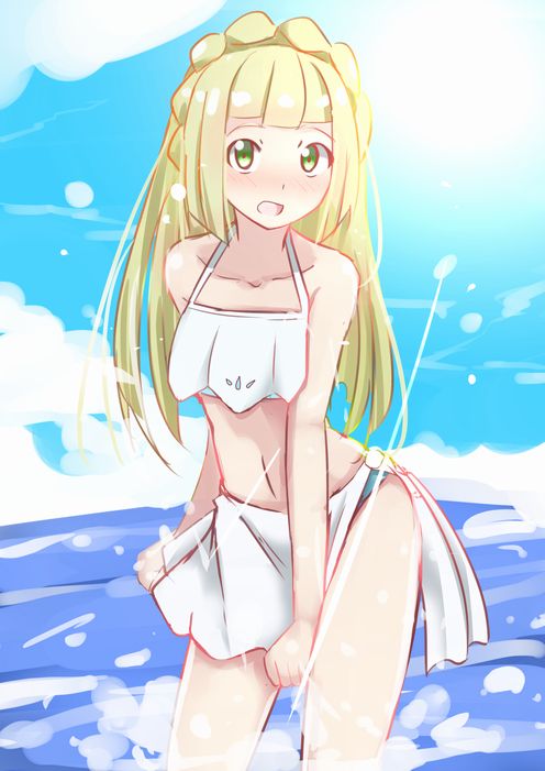 1girl, bikini, blonde_hair, blush, green_eyes, ko_to_tsuki, lillie_(pokemon), long_hair
