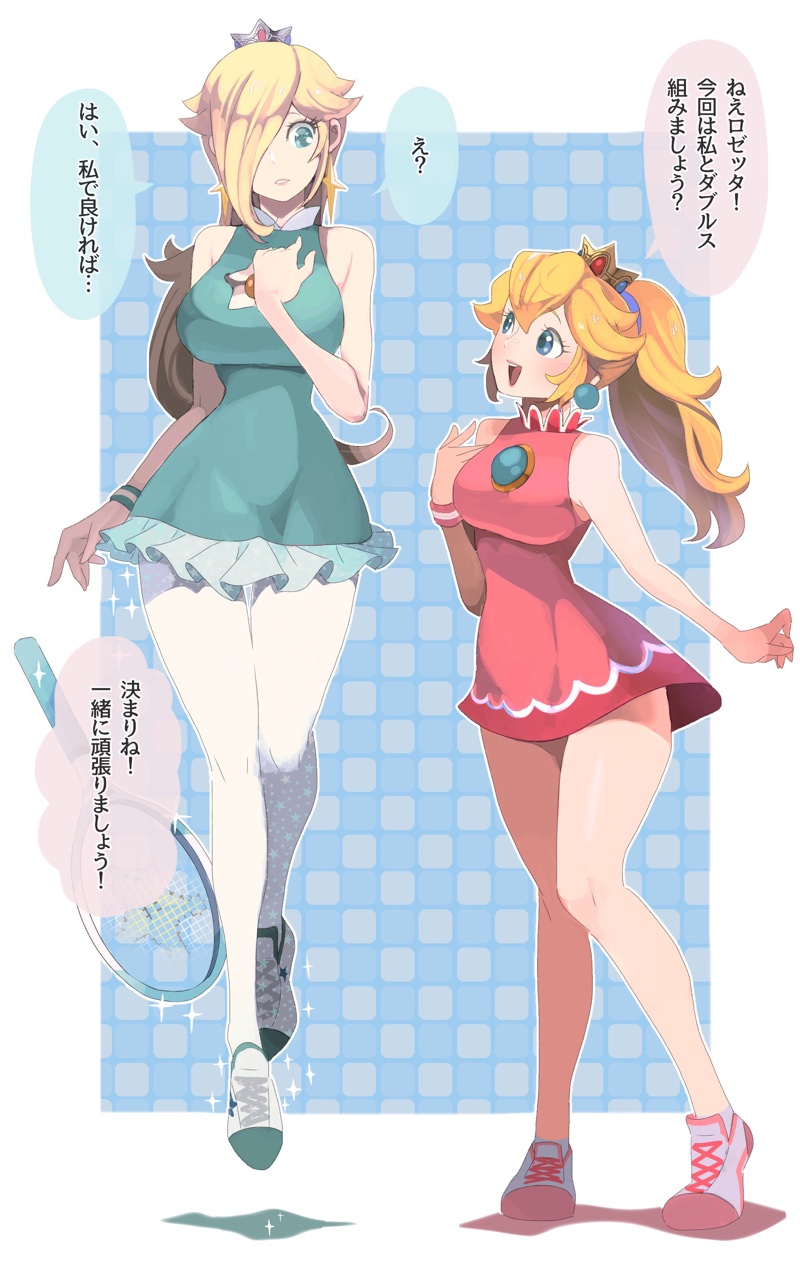 2girls, :d, arm_at_side, bare_arms, bare_legs, bare_shoulders, blonde_hair, blue_eyes, brooch, crown, dress, earrings, floating, full_body, green_dress, green_eyes, hair_over_one_eye, hand_on_own_chest, hand_up, height_difference, highres, jewelry, long_hair, looking_at_another, super_mario_bros., mario_tennis, multiple_girls, omochi_(glassheart_0u0), open_mouth, parted_lips, ponytail, princess_peach, racket, red_dress, rosetta_(mario), shoes, short_dress, sleeveless, sleeveless_dress, smile, sparkle, super_mario_bros., super_mario_galaxy, tennis_dress, tennis_racket, thigh-highs, translation_request, white_legwear, wristband