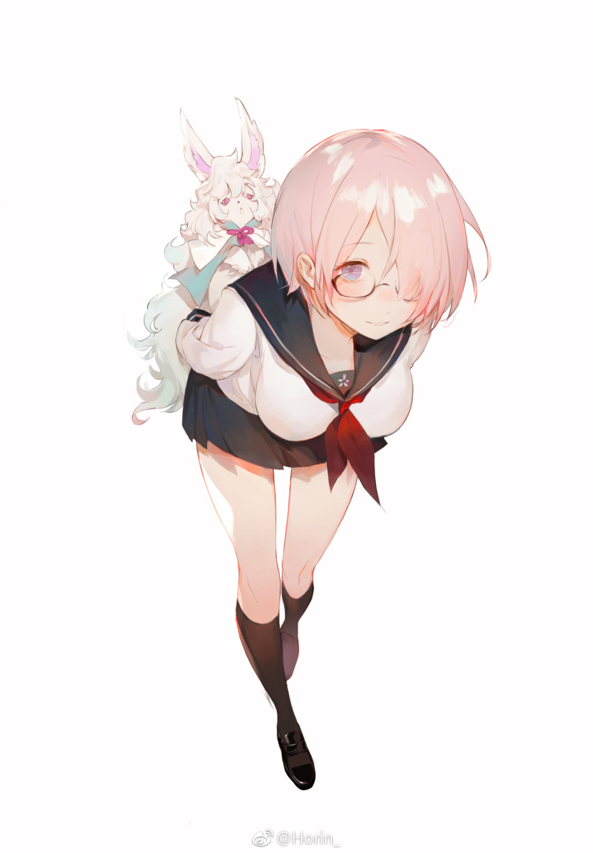 1girl, arms_behind_back, artist_name, black-framed_eyewear, black_legwear, blue_eyes, breasts, fate/grand_order, fate_(series), fou_(fate/grand_order), full_body, glasses, hair_over_one_eye, highres, hoirn, kneehighs, large_breasts, leaning_forward, long_sleeves, mash_kyrielight, parted_lips, pink_hair, pleated_skirt, school_uniform, serafuku, short_hair, simple_background, skirt, smile, solo, weibo_username, white_background
