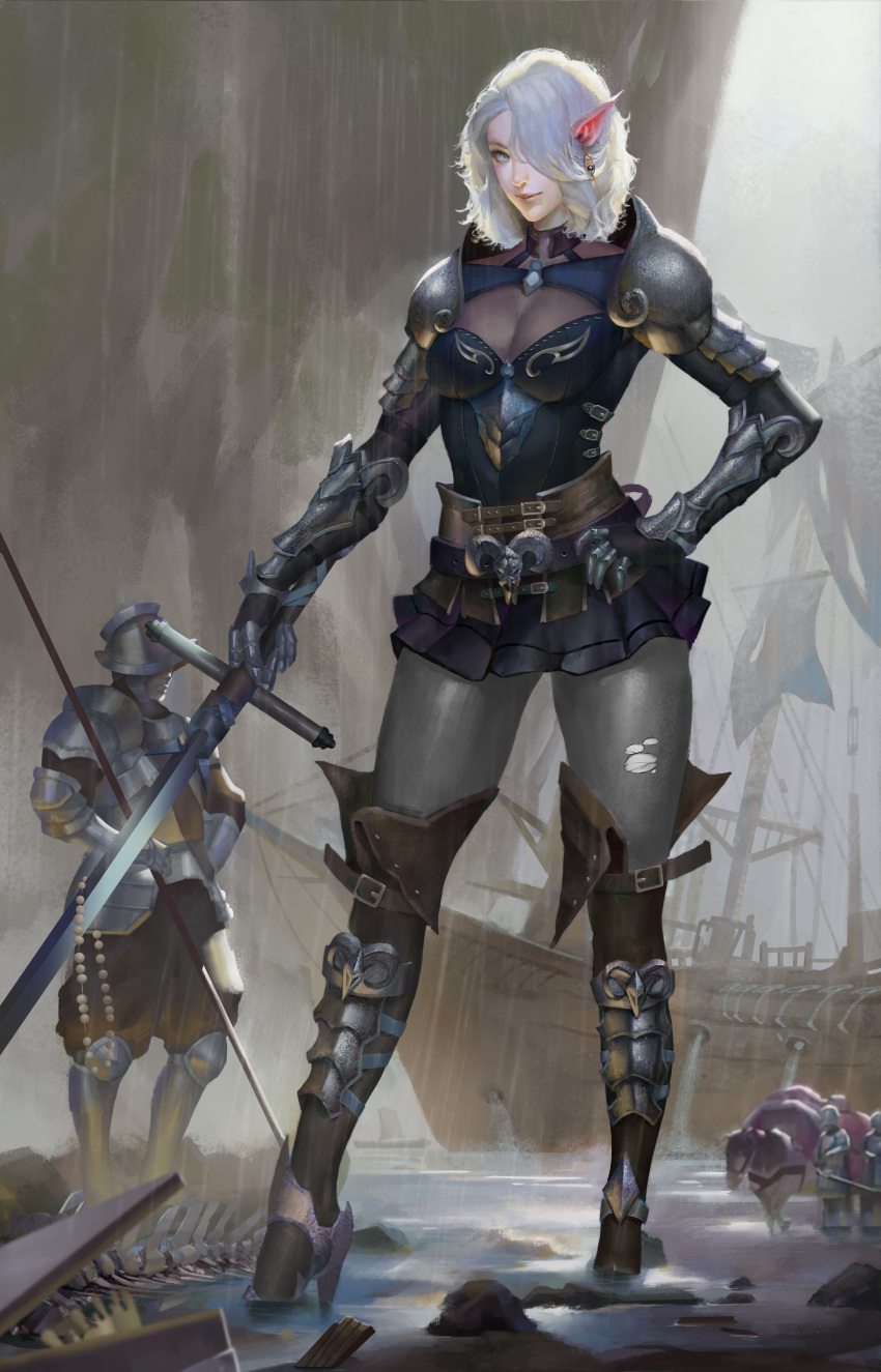 1girl, 3boys, absurdres, armor, belt, blue_eyes, bodysuit, breasts