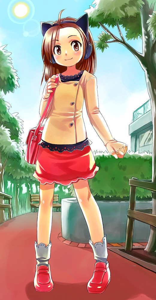 bad_id, bag, brown_eyes, brown_hair, cat_ears, headphones, original, park, r_tatata, skirt, socks, tatata